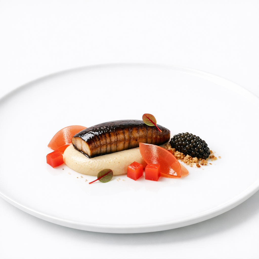 Aal mit Amela-Tomate, Kaviar und gerösteter Hefe auf weißem Teller in minimalistischer Editorial-Inszenierung