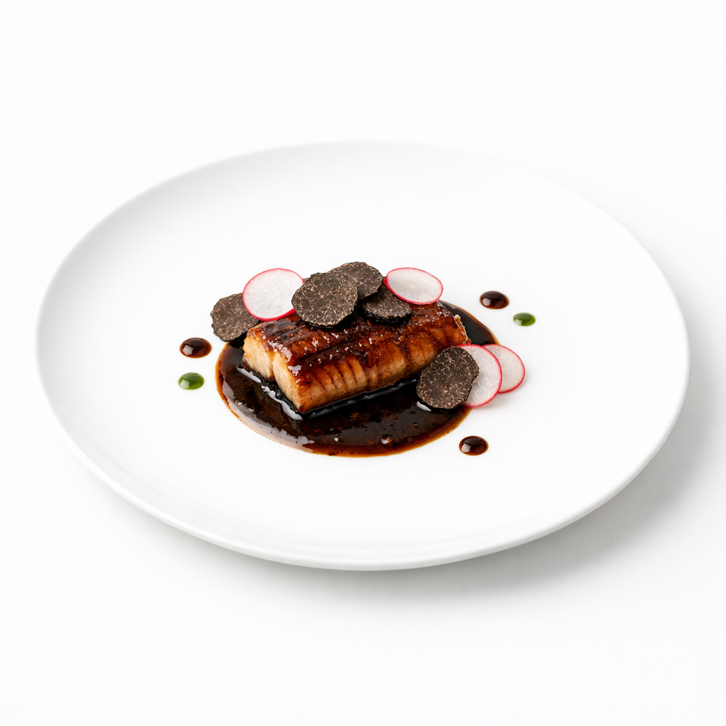Glasierter Aal mit dunkler Périgueux, Trüffeljus und Estragon auf weißem Teller