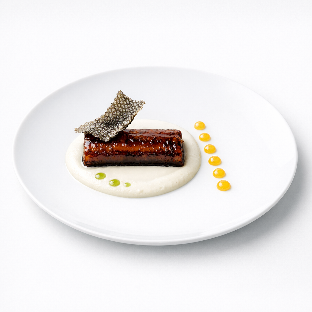 Aal mit Mandelmilch-Creme, Yuzu-Gel und Vanilleblattöl auf weißem Teller, klar zentriert angerichtet