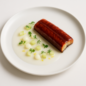 Aal mit Yuzu und Kombu-Glasur auf weißem Teller, minimalistisch und editorial angerichtet