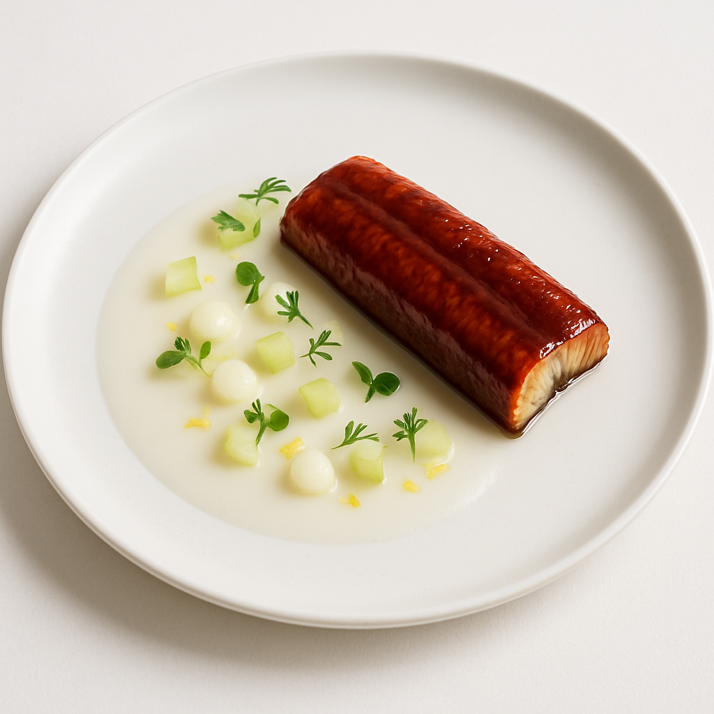 Aal mit Yuzu und Kombu-Glasur auf weißem Teller, minimalistisch und editorial angerichtet