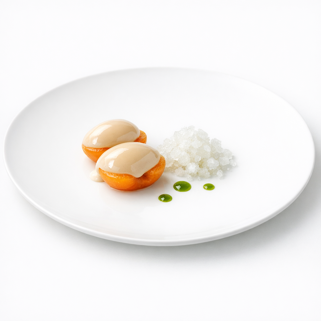 Glasierte Aprikosenkomposition auf weißem Teller mit heller Glasur, grünen Öltupfen und geeistem Traubensaft, minimalistisch angerichtet