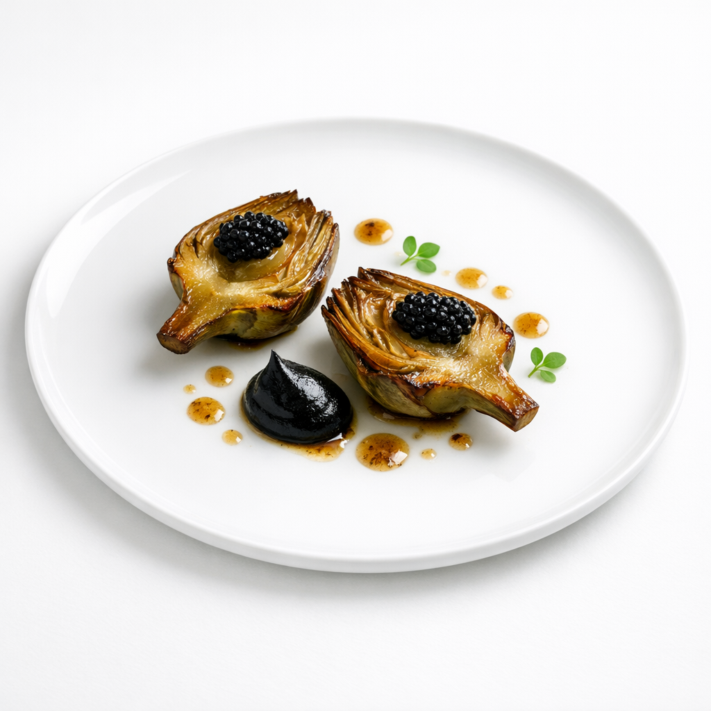 Artischocke mit Kaviar, schwarzem Knoblauch und Nussbutter-Jus auf weißem Teller