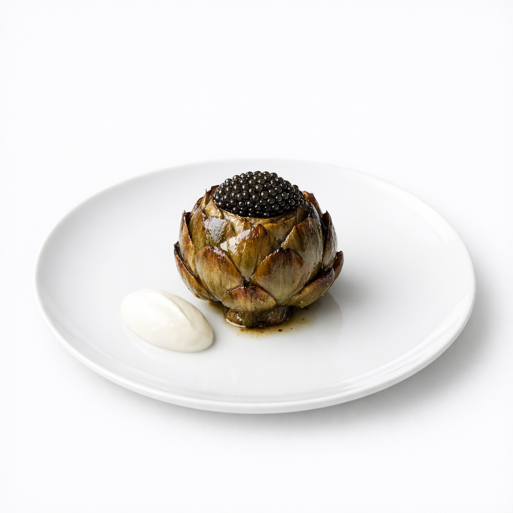 Zentriert angerichtete Artischocke mit Kefircreme, glänzender Shio-Koji-Glasur und Kaviar auf weißem Teller vor hellem Hintergrund.