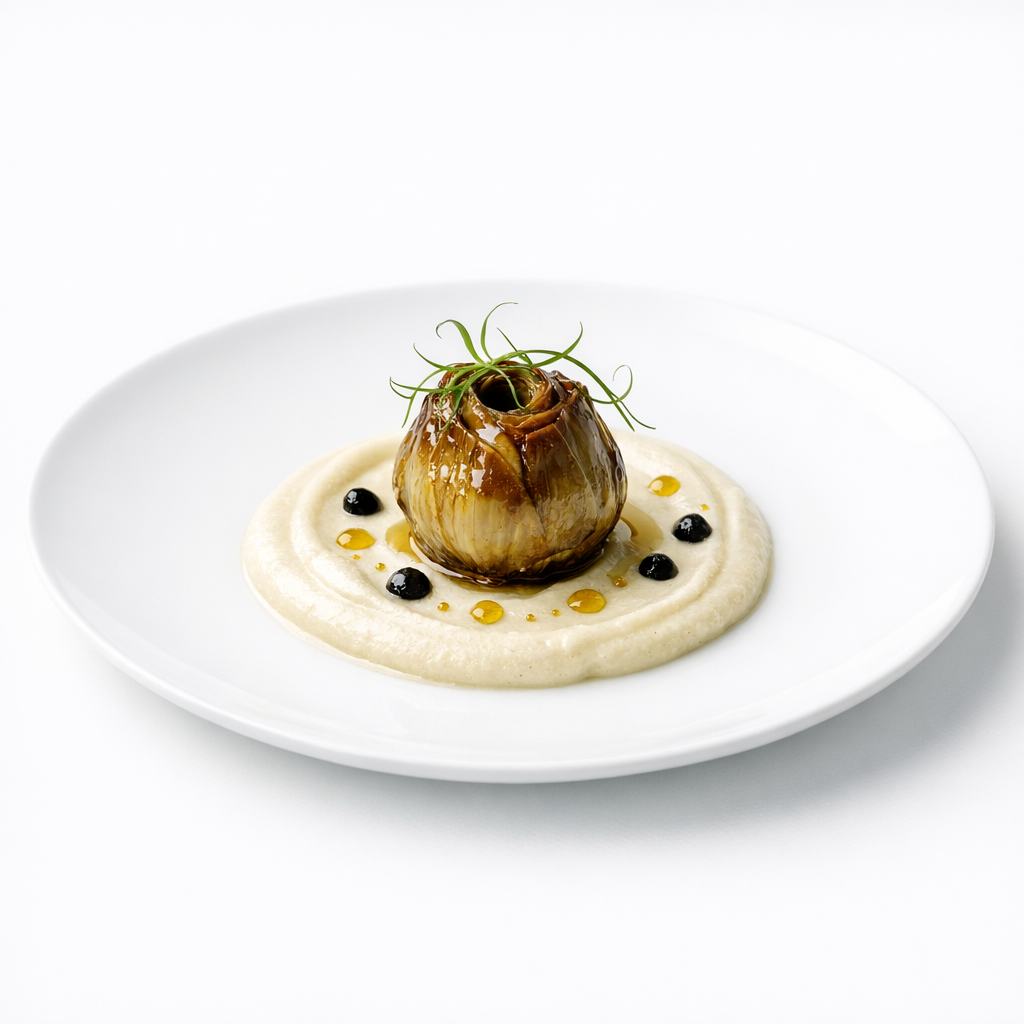 Artischocke mit Pollen, schwarzem Knoblauch und Lakritzspross auf weißem Teller in klarer editorialer Präsentation