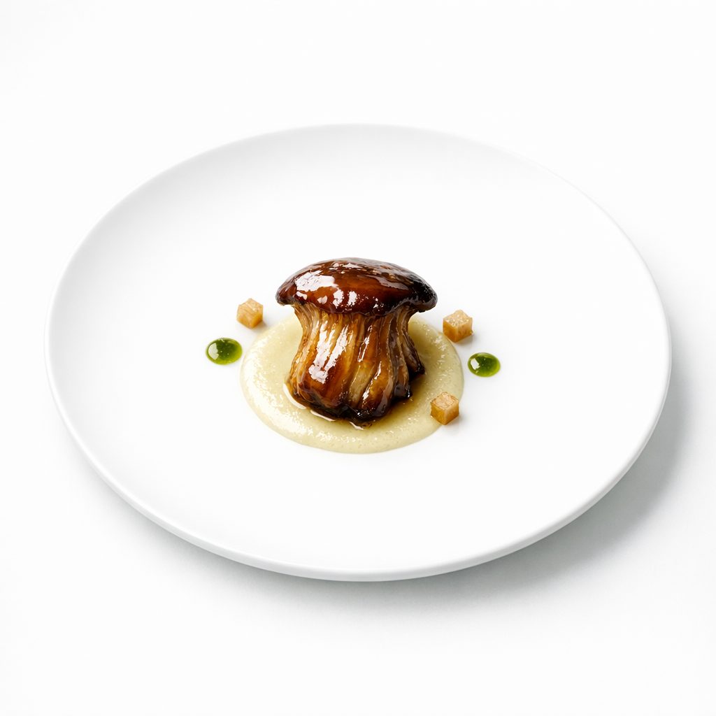 Zentriert angerichteter Austernpilz mit glänzender Koji-Glasur, grünem Kimchi-Blattöl und hellem Tonka-Kondensat auf weißem Teller