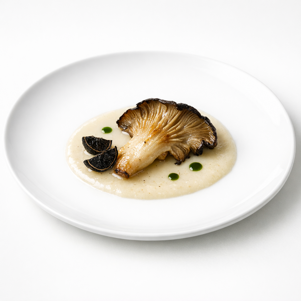 Reduziert angerichteter Austernpilz auf weißem Teller mit heller Miso-Amazake-Reduktion und dunklem Limettenakzent.