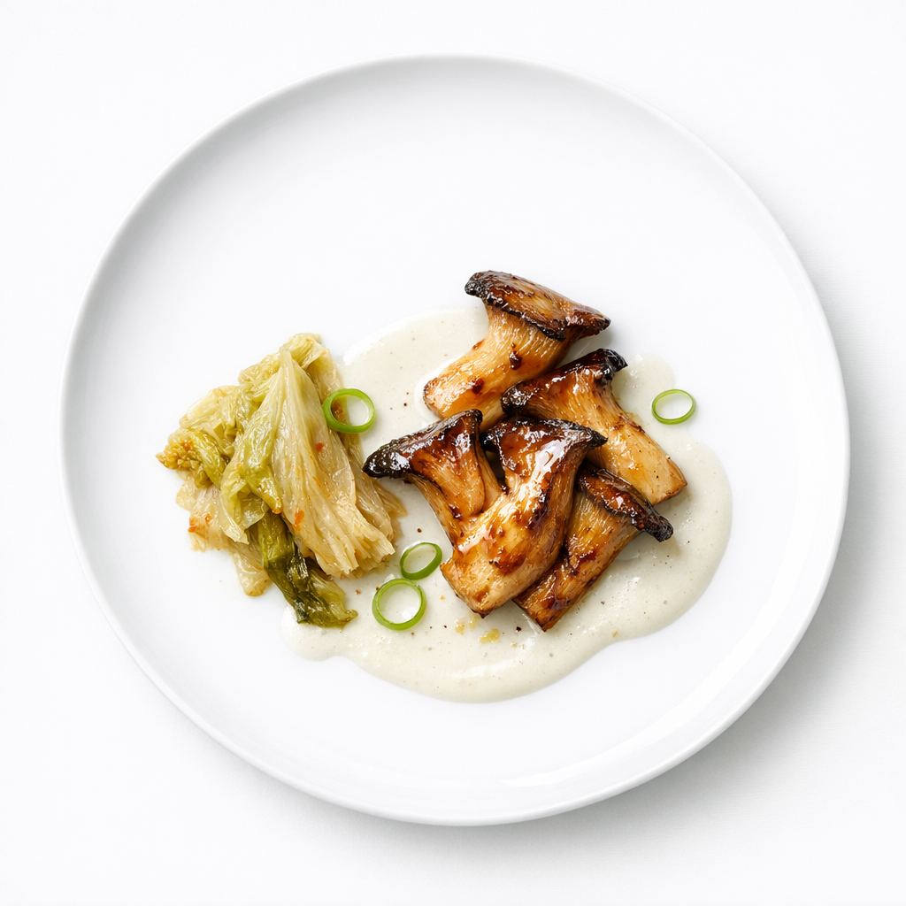 Gebratene Austernpilze mit heller Kombu-Emulsion und Kimchi-Blatt auf weißem Teller
