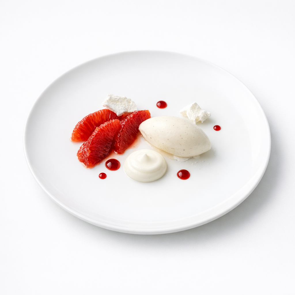Zentriertes Dessert aus Blutorange, Vanilleeis, Joghurt und Olivenöl-Baiser auf weißem Teller vor hellem Hintergrund