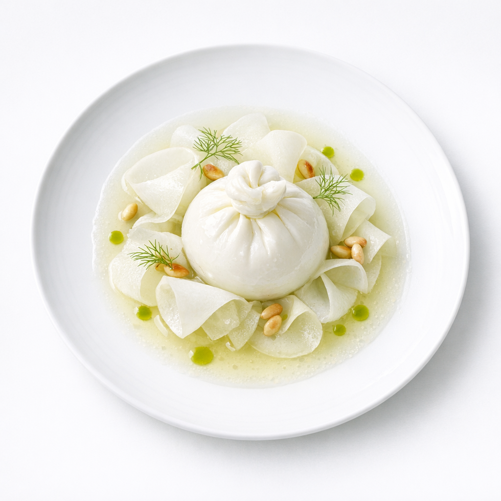 Burrata mit fein gehobeltem Kohlrabi, hellem Kräuteröl und klarem Fenchel-Vanille-Sud auf weißem Teller