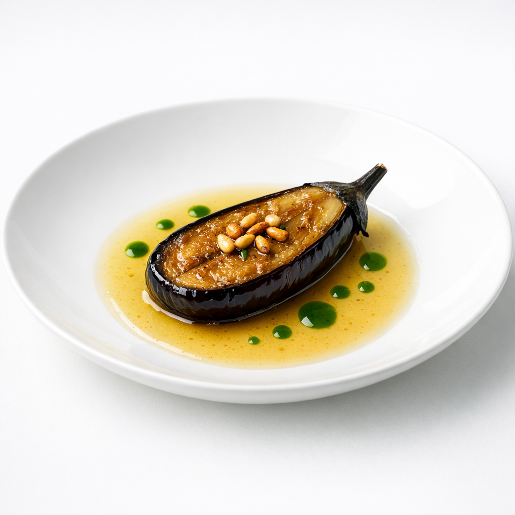 Confierte Aubergine auf weißem Teller mit hellem Safran-Vanille-Fond, Estragonöl und wenigen gerösteten Pinienkernen