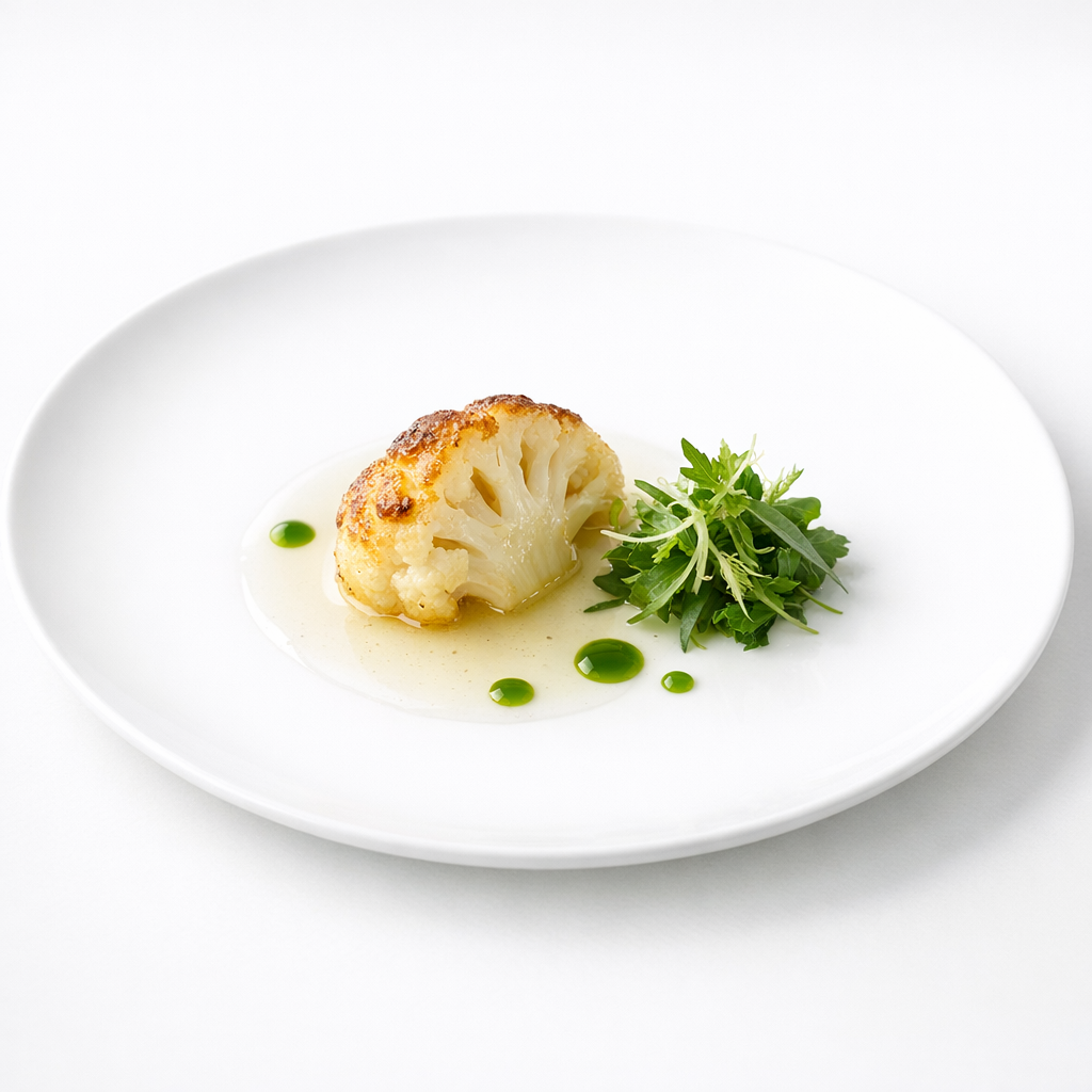 Confierter Blumenkohl mit Estragonöl, hellem Vanillefond und feinem Kräutersalat auf weißem Teller