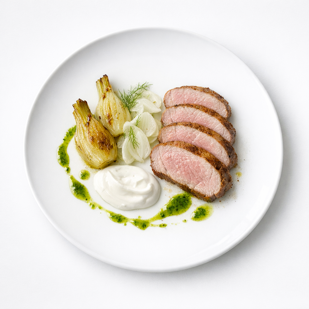 Confierter Kalbsrücken mit jungem Fenchel, Joghurt und Kräuteröl auf weißem Teller