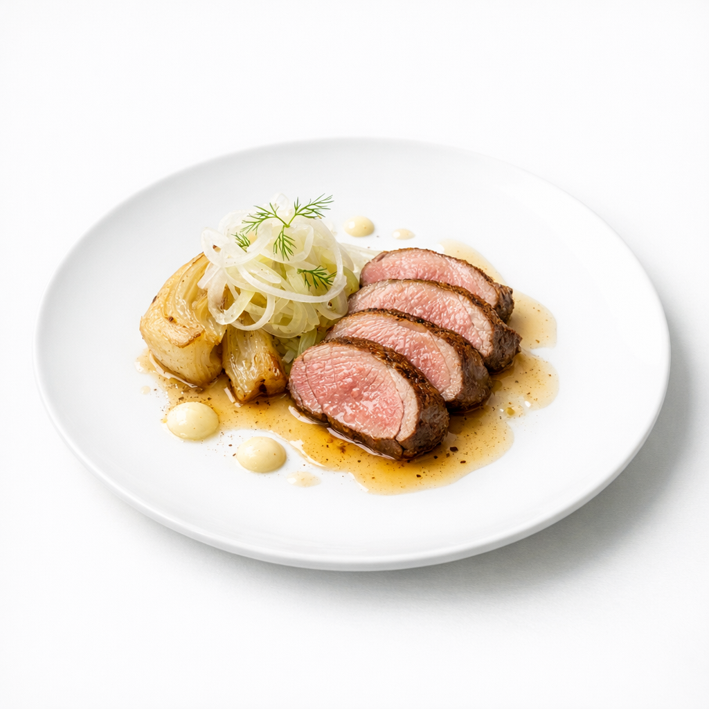 Confierter Lammrücken mit Fenchel, heller Jus und Verbenebutter auf weißem Teller
