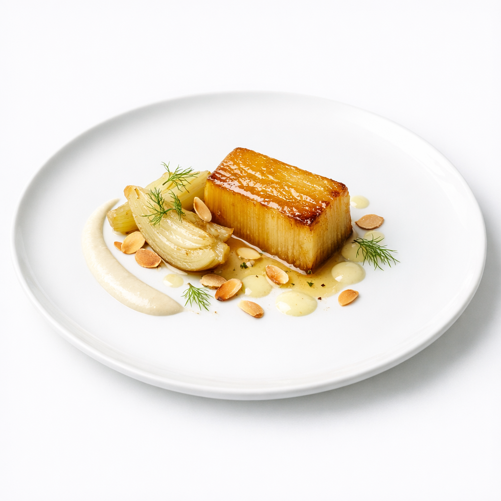 Confierter Sellerie mit Fenchel, Mandel und heller Beurre blanc auf weißem Teller