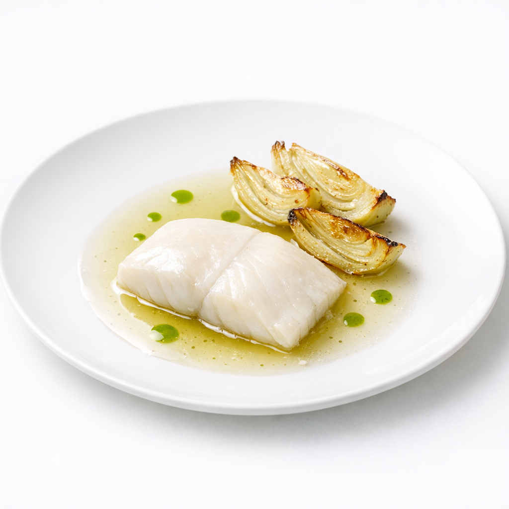 Confierter Steinbutt mit geröstetem Fenchel, hellem Olivenfond und Verbeneöl auf weißem Teller