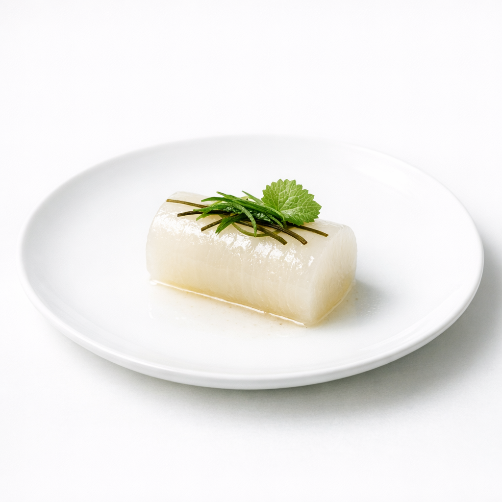 Minimalistisch angerichteter Daikon auf weißem Teller mit Shiso, Kombu und Wasabi-Blatt, viel Weißraum, japanisch präzise, fotorealistisch.
