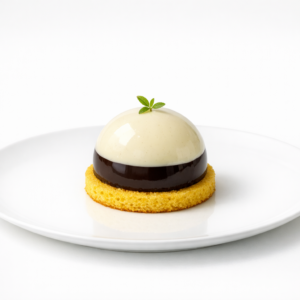 Glasiertes Dessert aus dunkler Schokolade mit klar zentrierter Anrichtung auf weißem Teller