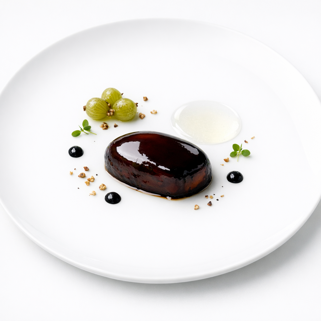 Entenleber mit fermentierter Stachelbeere, schwarzem Knoblauch und geräucherter Molke auf weißem Teller