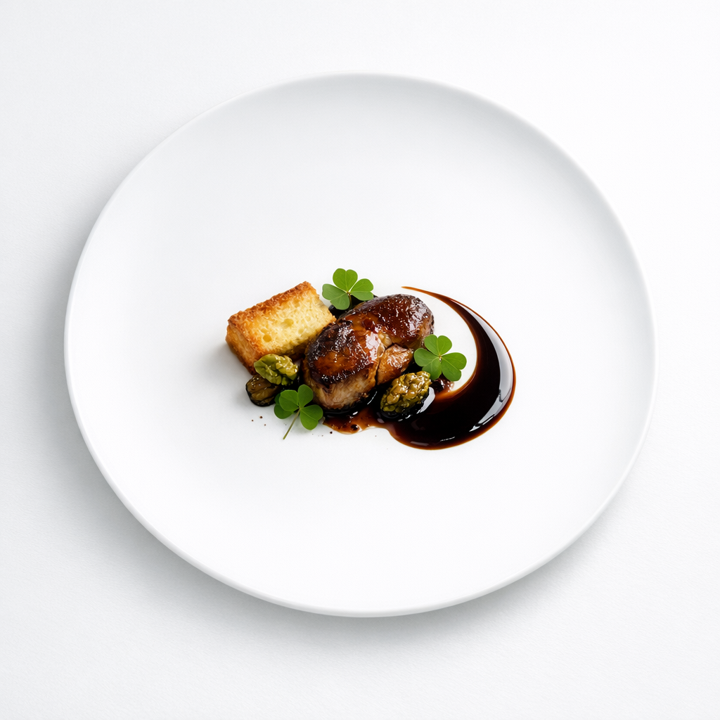 Entenleber mit grüner Walnuss, Sauerklee und dunkler Brioche auf weißem Teller in ruhiger editorialer Inszenierung