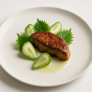 Entenleber mit Shiso, grüner Erdbeere und Yuzu auf weißem Teller, fotorealistisch und editorial angerichtet.