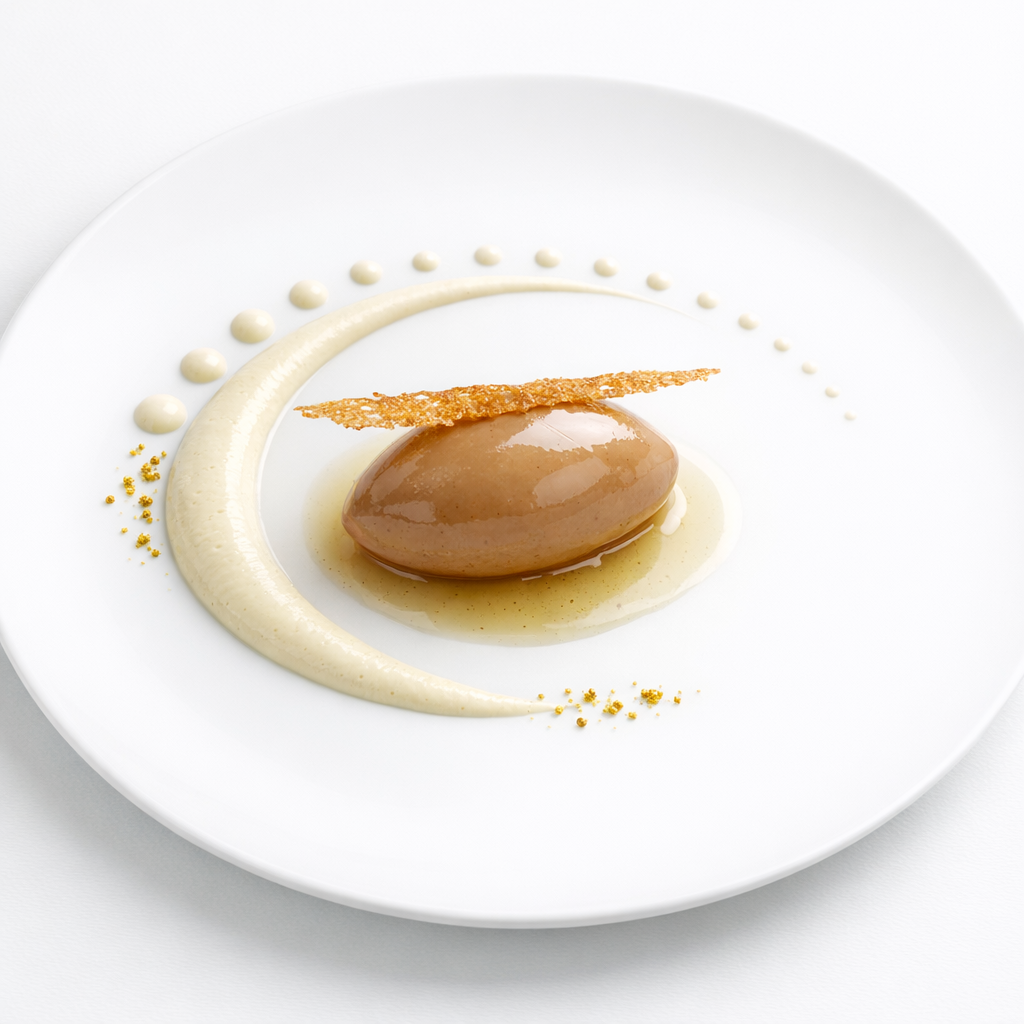 Foie gras mit Pollen, Vanilleblatt und geräucherter Molke auf weißem Teller, minimalistisch und luxuriös angerichtet