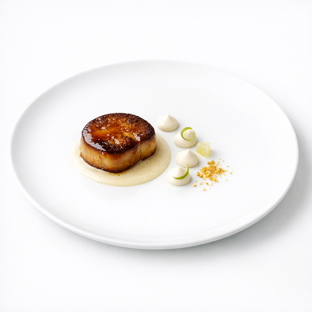 Foie gras mit heller Creme, Bergamotte-Akzenten und feinem Hefe-Finish auf weißem Teller mit viel Weißraum