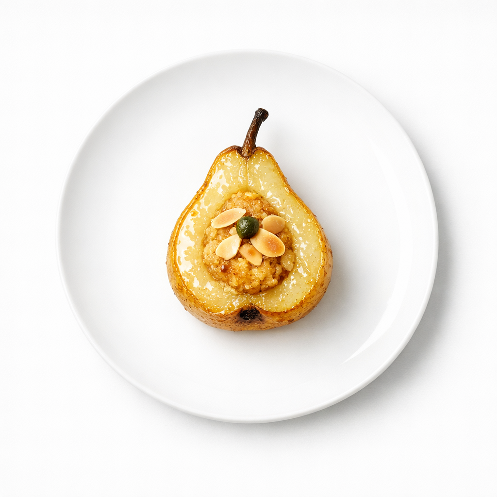 Gebackene gefüllte Birne mit hellem Zitronenlack, Mandel und Kapern auf weißem Teller, klar zentriert angerichtet.