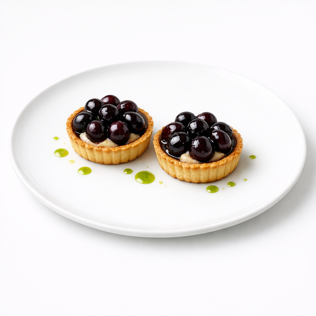 Zwei kleine gebackene Kirschtartelettes mit glänzenden Kirschen, heller Miso-Mandel-Füllung und wenigen Tropfen Verbenenöl auf weißem Teller