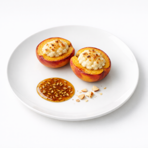 Gebackener Pfirsich mit heller Miso-Mandelfüllung und glänzendem Fenchelsaat-Karamell auf weißem Teller