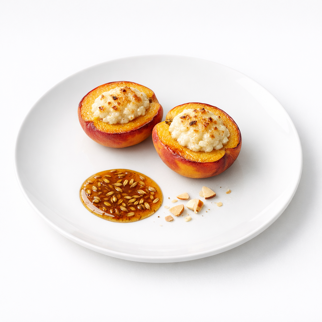 Gebackener Pfirsich mit heller Miso-Mandelfüllung und glänzendem Fenchelsaat-Karamell auf weißem Teller