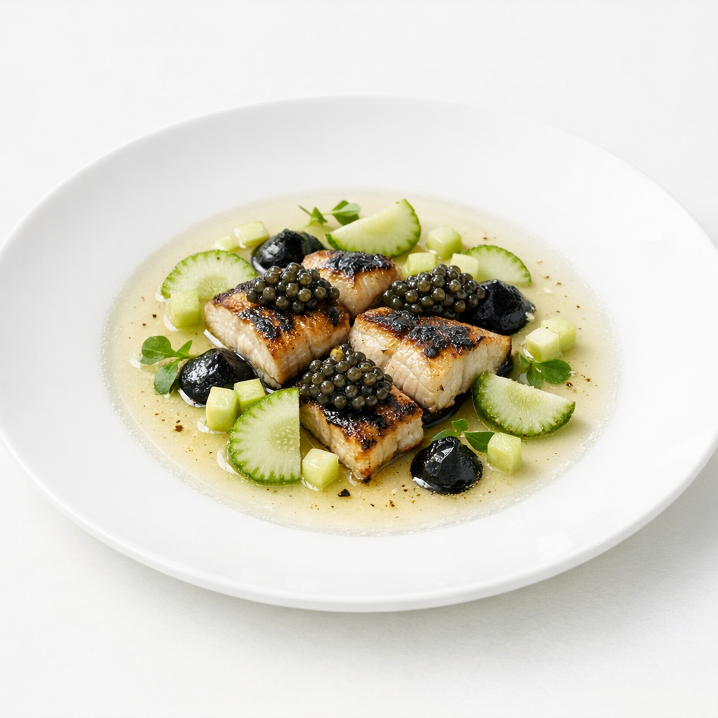 Geflämmter Aal auf weißem Teller mit grüner Erdbeere, schwarzem Knoblauch und Kaviar in ruhigem editorialen Arrangement