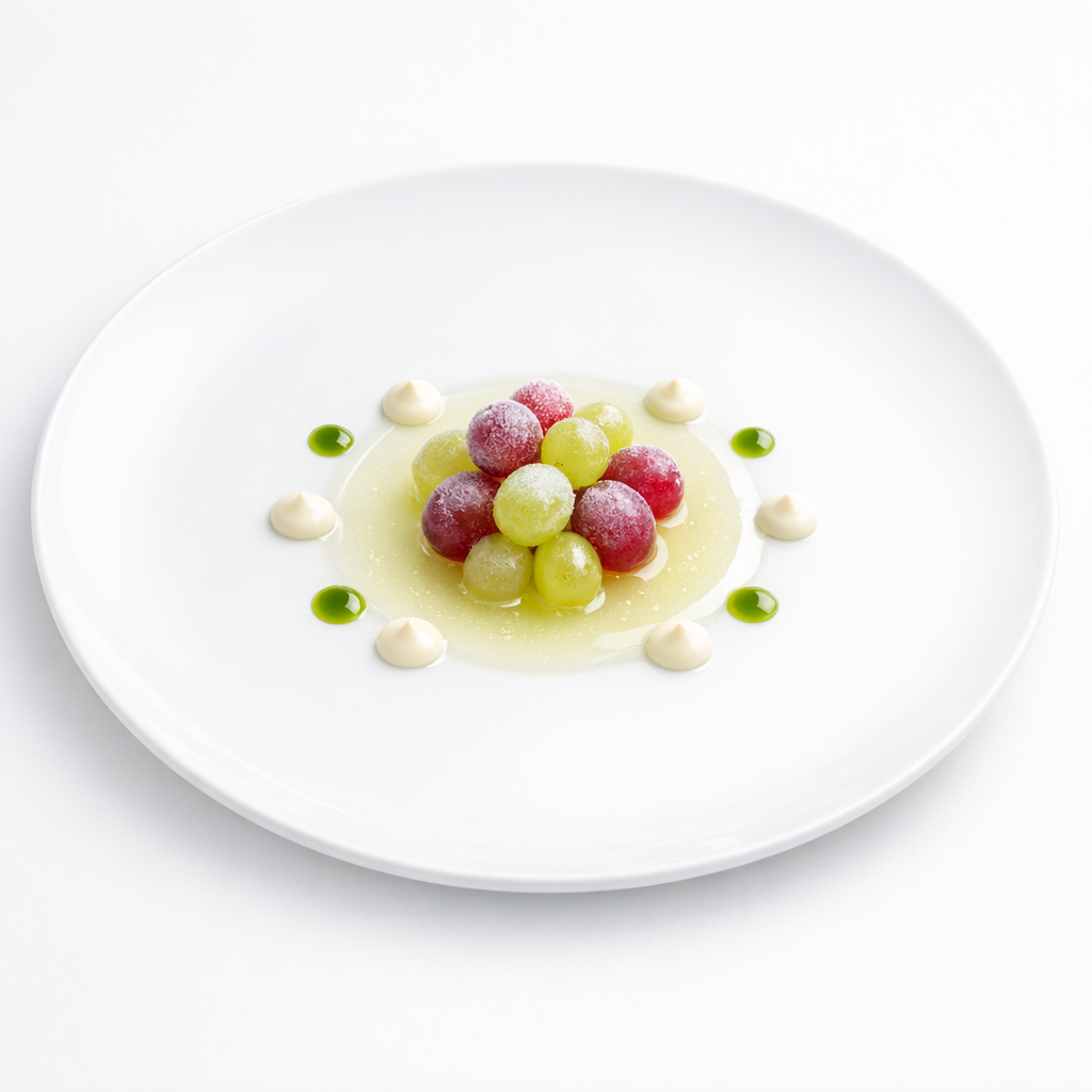 Gefrorene und temperierte Trauben mit Vanille, klarem Zitronensud und feinem grünen Kräuteröl auf weißem Teller