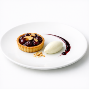 Gefülltes Mandel-Tartelette mit Kirschen, Zitronenjoghurt und reduzierter Kirschsauce auf weißem Teller