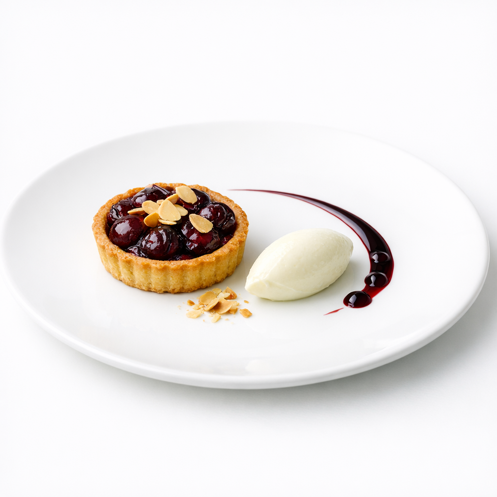 Gefülltes Mandel-Tartelette mit Kirschen, Zitronenjoghurt und reduzierter Kirschsauce auf weißem Teller