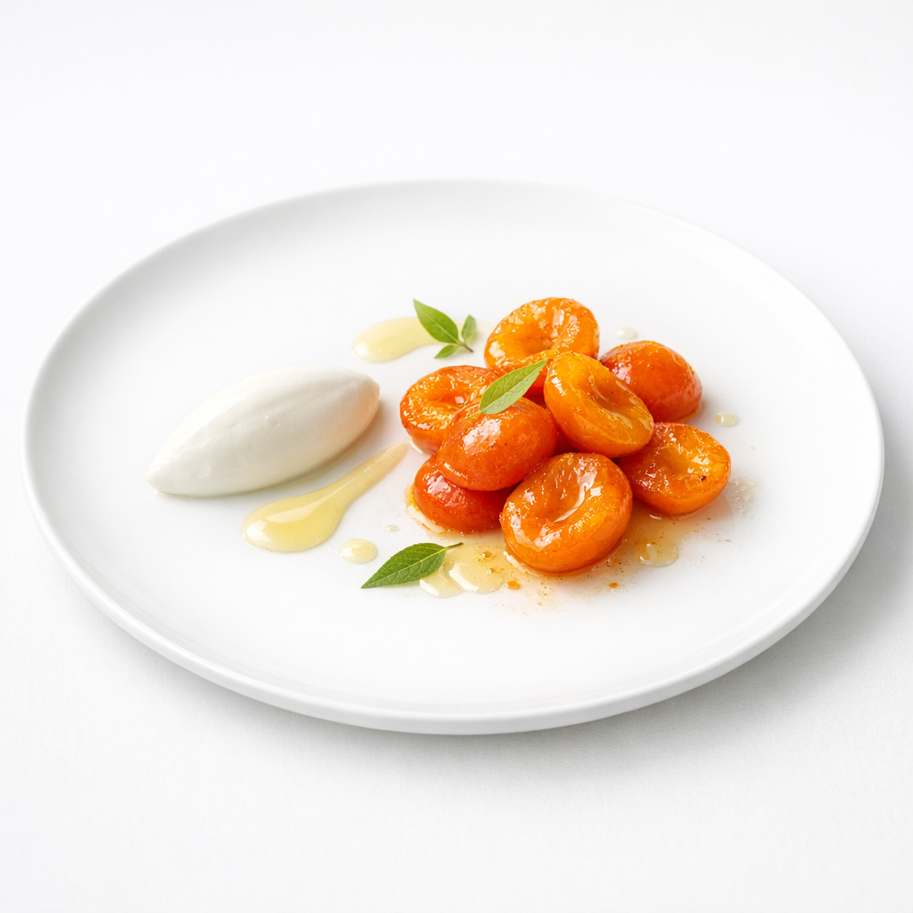 Glasierte Aprikosen mit Joghurtcreme, Verbene und heller Beurre blanc auf weißem Teller