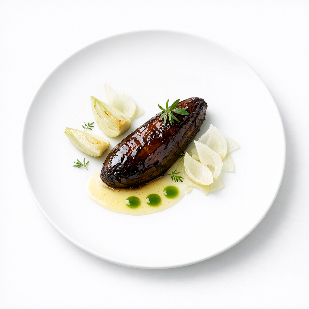 Sanft glasierte Aubergine mit feinen Fenchelelementen, heller Zitronensauce und Estragonöl auf weißem Teller mit viel Weißraum