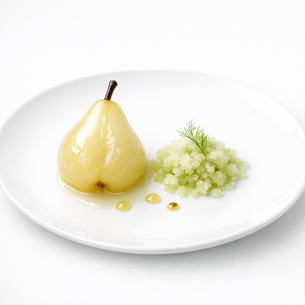 Glasierte Birne mit Fenchelgranité und feinem Kapernsirup auf weißem Teller