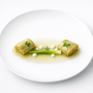 Glasig gegarte Artischocken auf weißem Teller mit jungem Lauch, kleinen Punkten Fencheljoghurt und klarem Olivenfond, präzise angerichtet mit viel Weißraum.