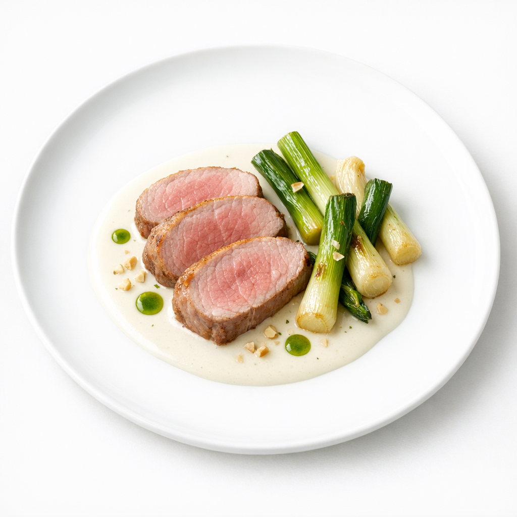 Glasig gegarter Kalbsrücken mit heller Mandelmilch-Beurre-blanc, Kräuteröl und jungem Lauch auf weißem Teller