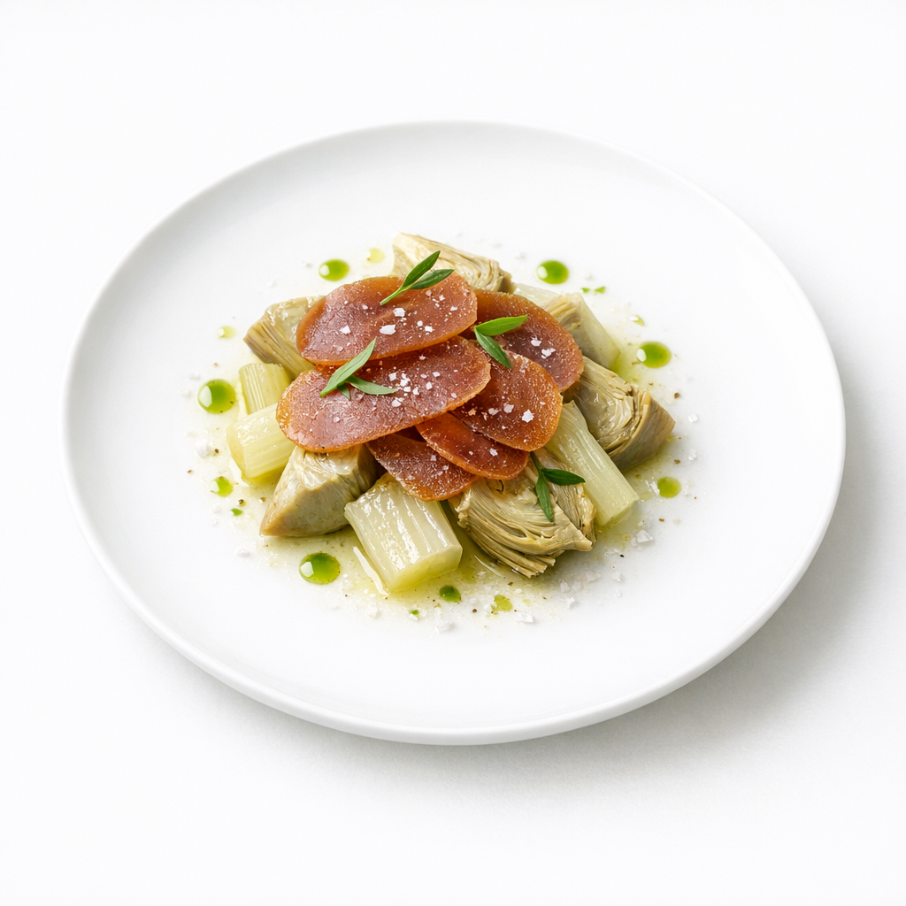 Glasig gegarter Sellerie mit Bretonischer Artischocke, feinen Scheiben Bottarga, Verbeneöl und Fleur de Sel auf weißem Teller