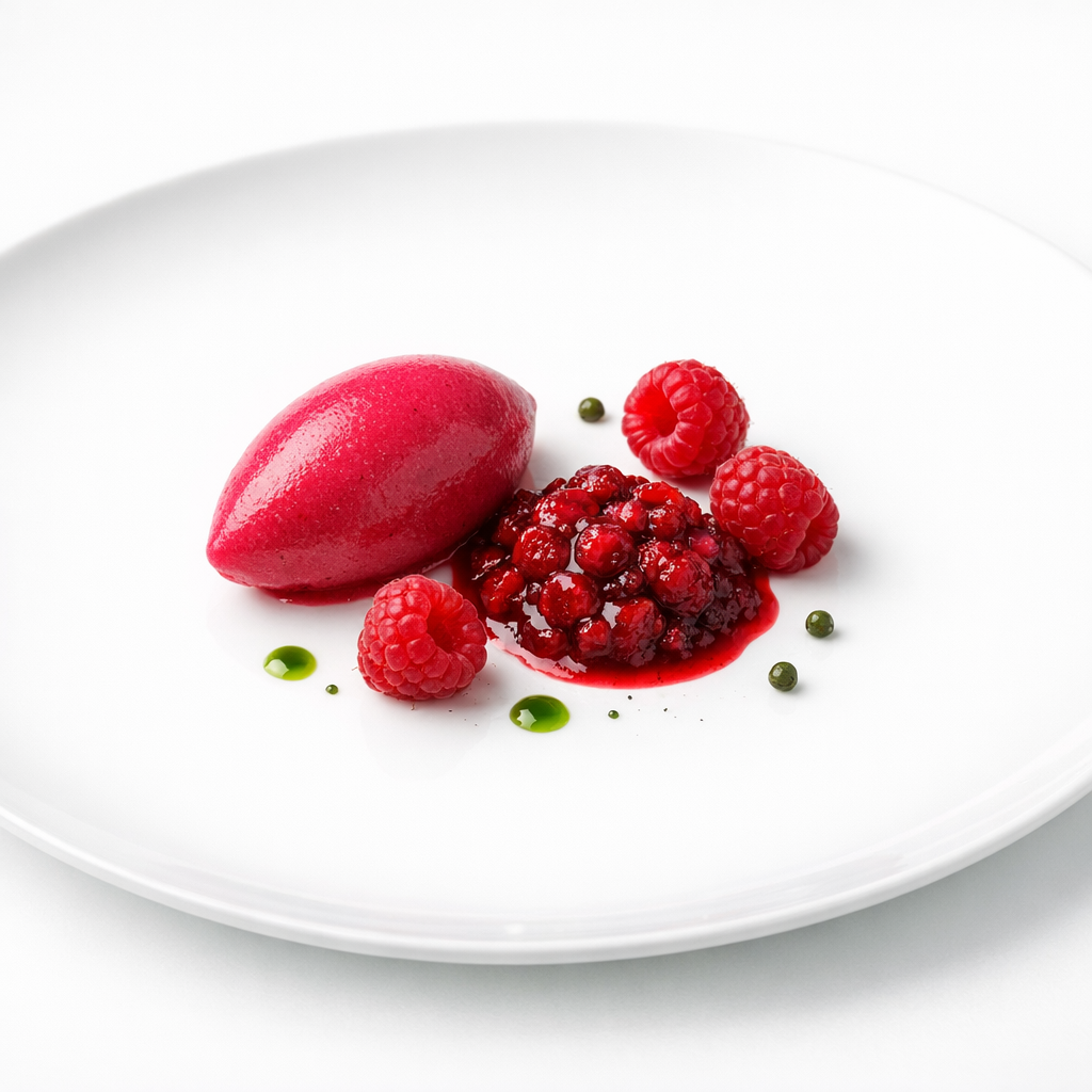 Präzise angerichtetes Dessert aus Himbeersorbet, frischen Himbeeren, Dillöl und grünem Pfeffer auf weißem Teller mit viel Weißraum.