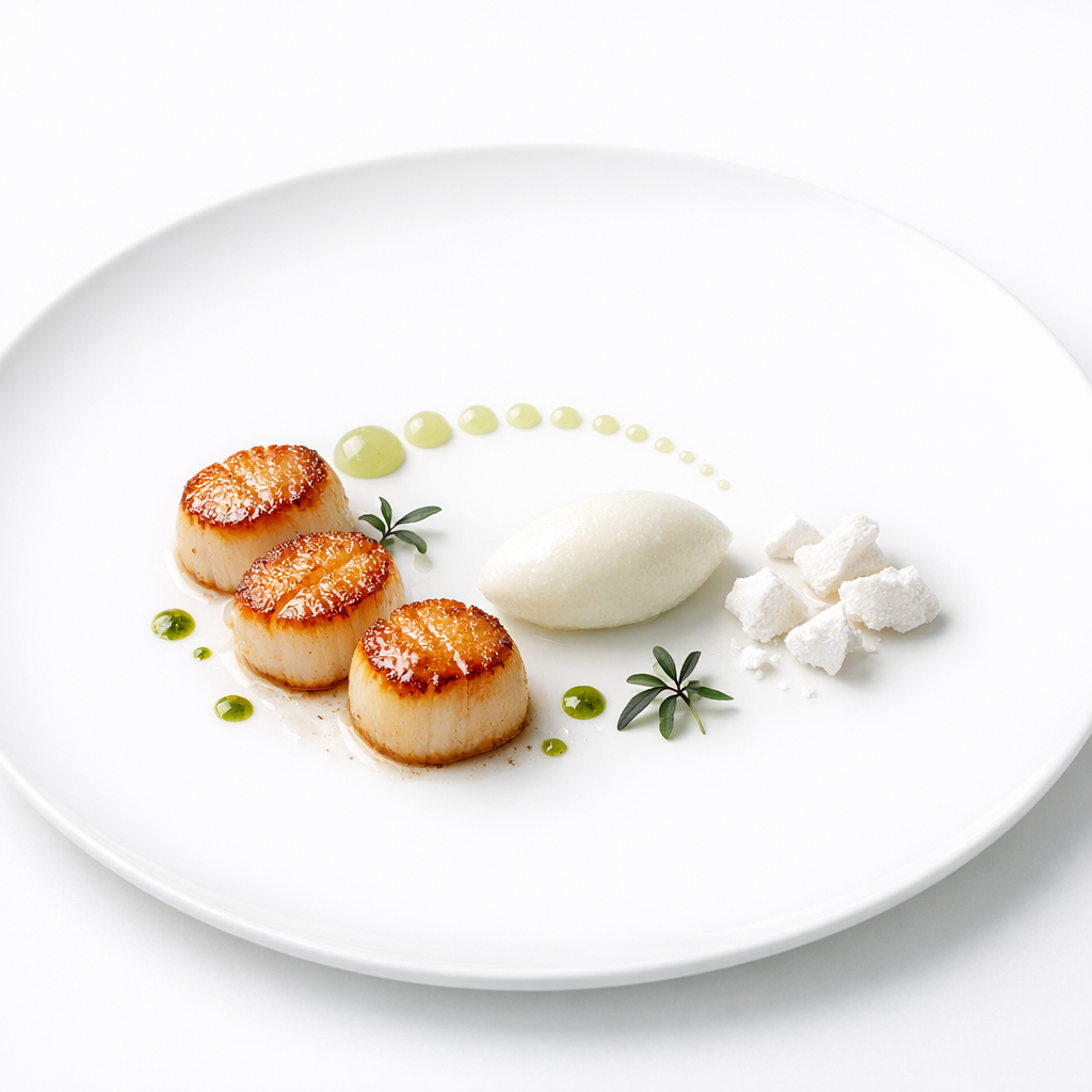 Jakobsmuschel mit glänzendem Hefelack, heller Creme, Lakritzspross und fein gesetzten Blütenknospen auf weißem Teller