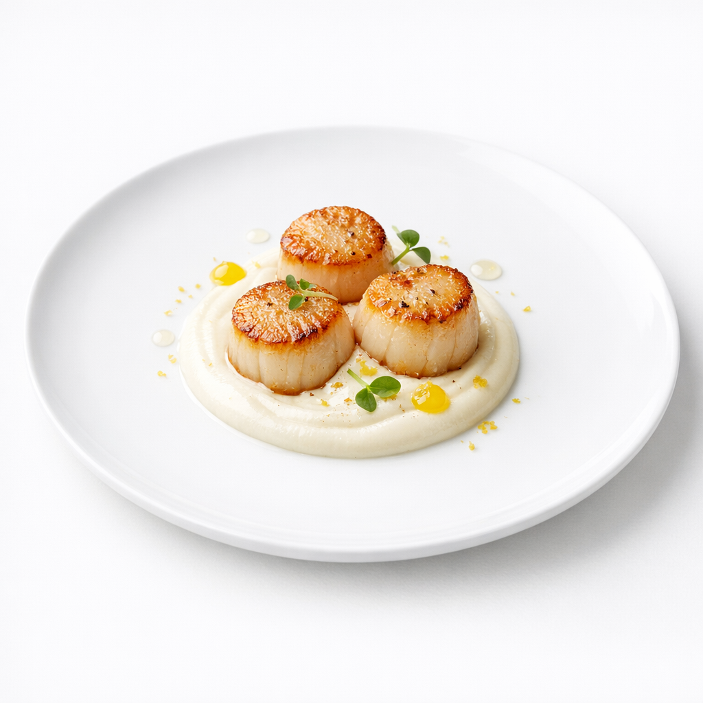 Minimalistisch angerichtete Jakobsmuschel auf weißem Teller mit heller Creme und feinen Yuzu-Akzenten, fotografiert auf weißem Hintergrund.