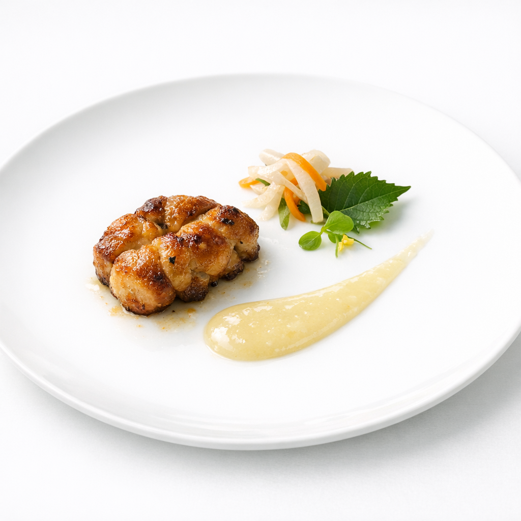 Kalbsbries mit fermentativem Glanz, hellen Zitrusnoten und minimalistischer Anrichtung auf weißem Teller