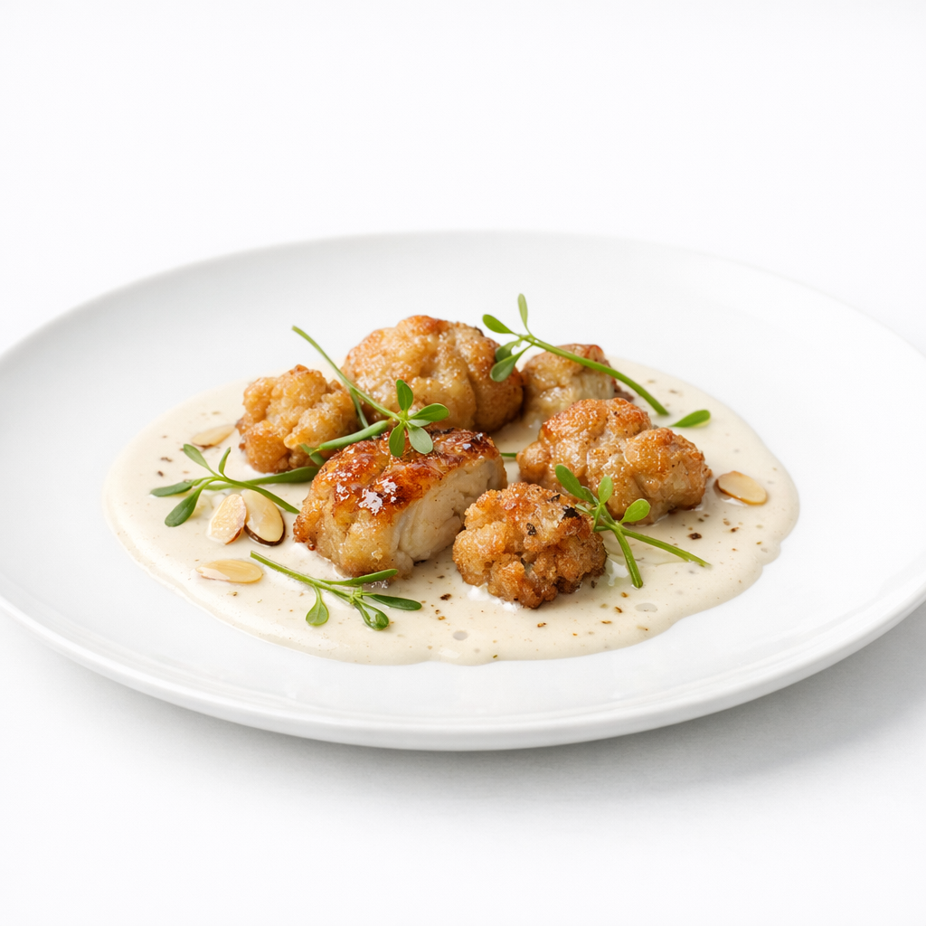 Kalbsbries in mehreren Texturen mit Mandelmilch, Lakritzspross und Vanilleblatt auf weißem Teller vor hellem Hintergrund.