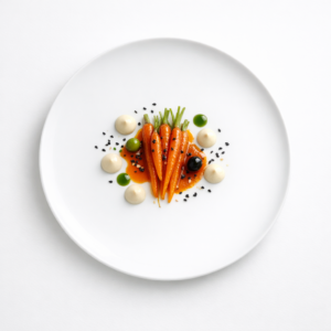 Lackierte Karotten mit Miso-Crème, dunklem Sesam und grünem Kräuteröl auf weißem Teller