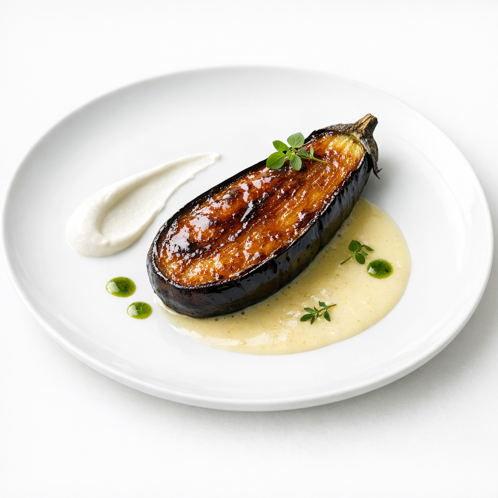 Kurz lackierte Aubergine mit Beurre blanc, Kräuteröl und Joghurt auf weißem Teller