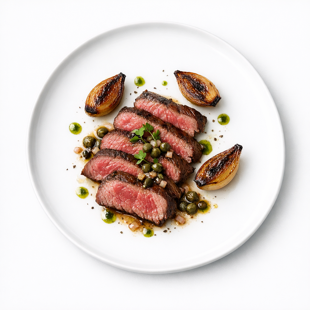 Kurz lackiertes Onglet mit warmer Kapern-Vinaigrette, Kräuteröl und gebrannter Schalotte auf weißem Teller