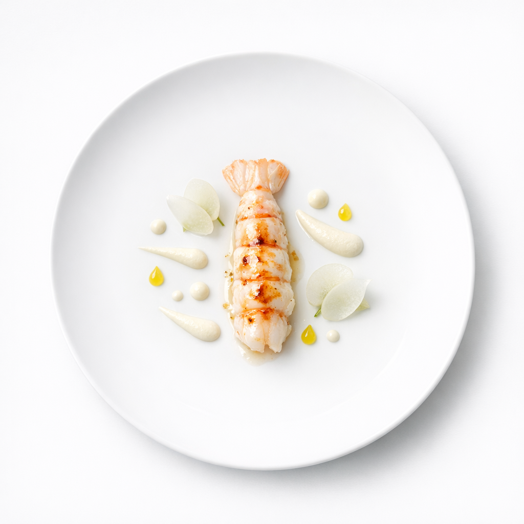 Langoustine mit Bergamotte, weißer Schokolade und geflämmter Kakaobutter, präzise auf weißem Teller angerichtet